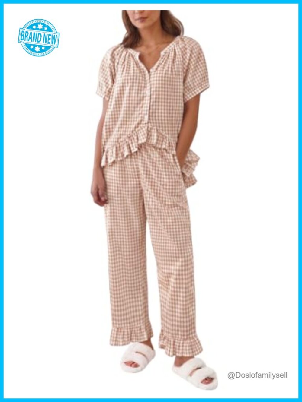 100% Cotton Pajama Set Women 2 Piece Button Down Ruffle Lounge Set